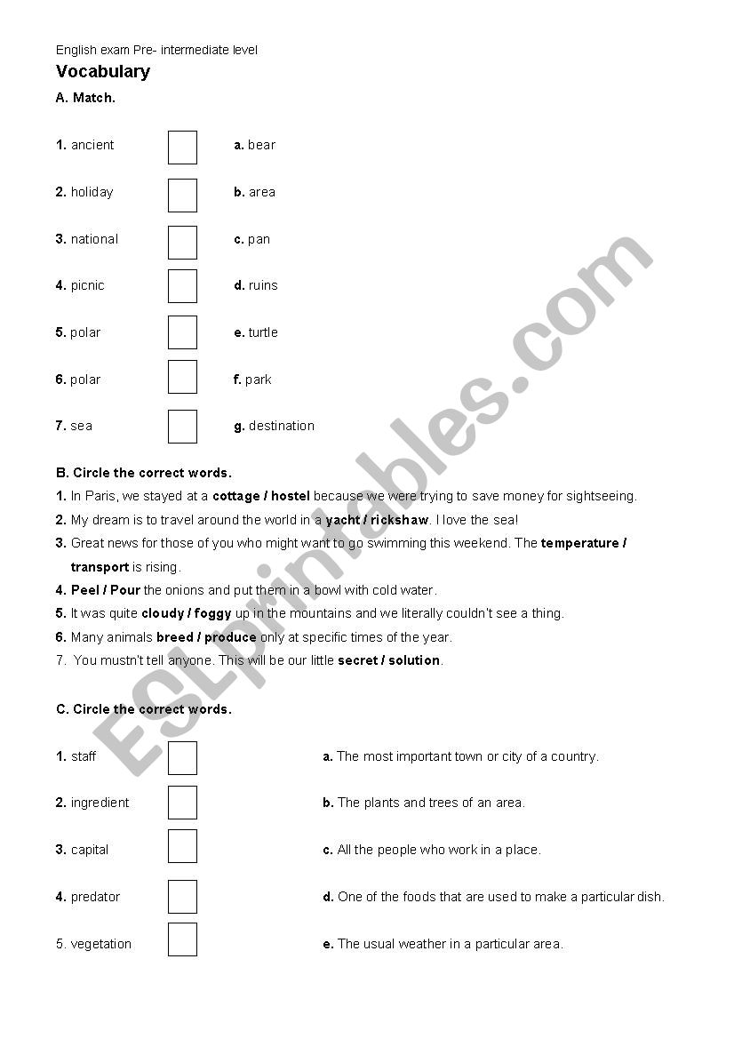 test for pre intermediate level