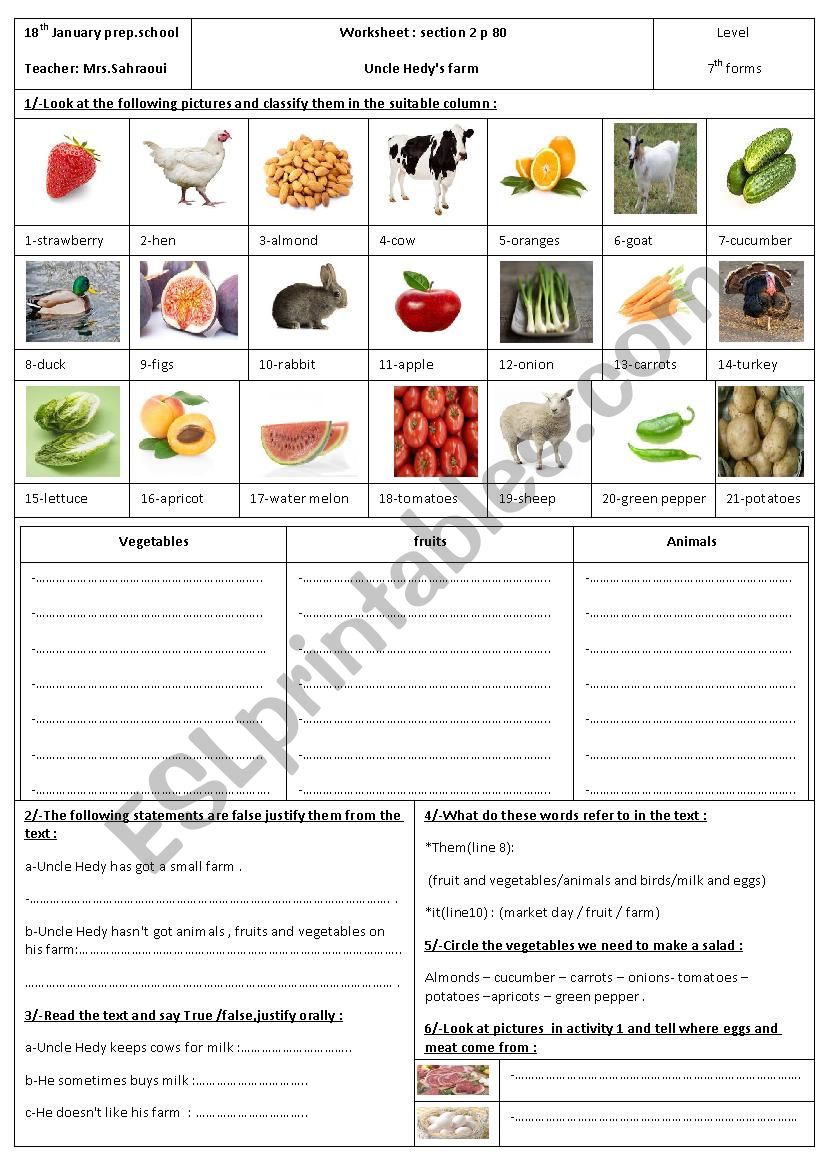 Uncle Hedys farm worksheet