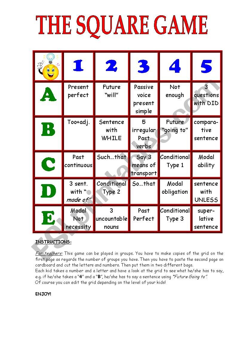 THE SQUARE GAME worksheet