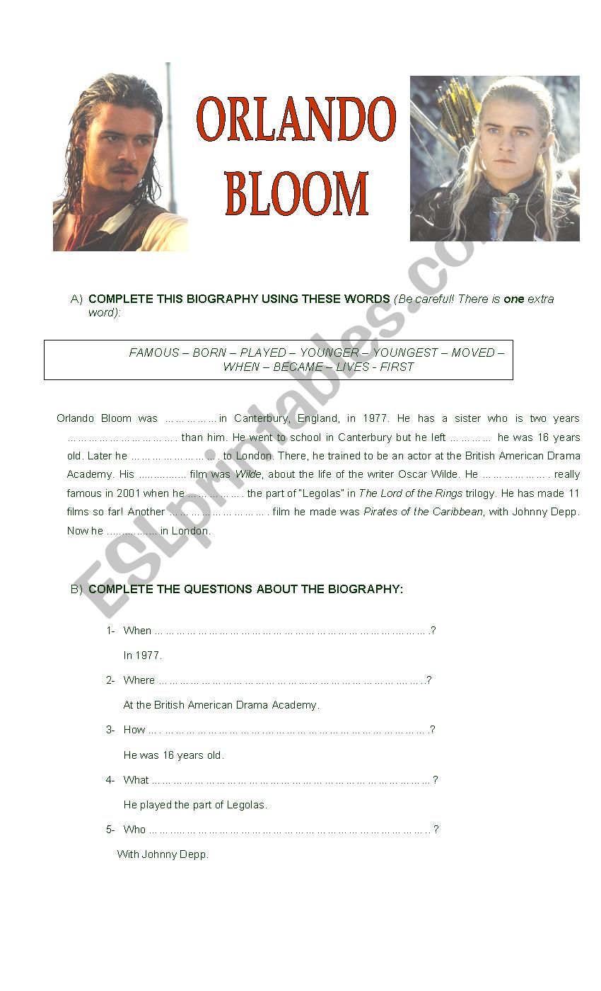 ORLANDO BLOOM worksheet