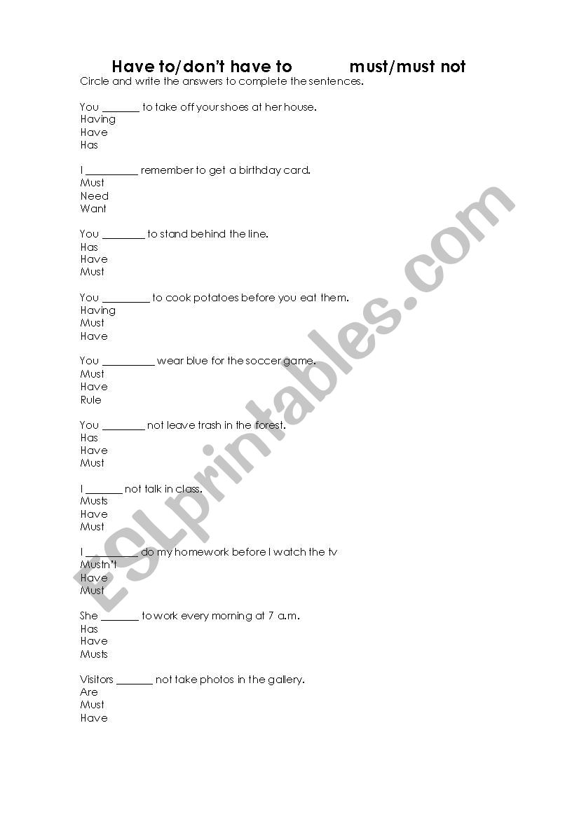 have to must worksheet