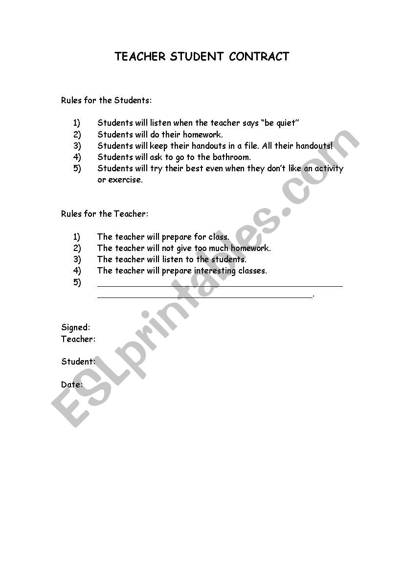 Teacher student contract ESL worksheet by catalinamuffin