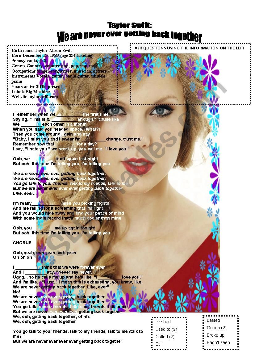 Taylor Swift worksheet