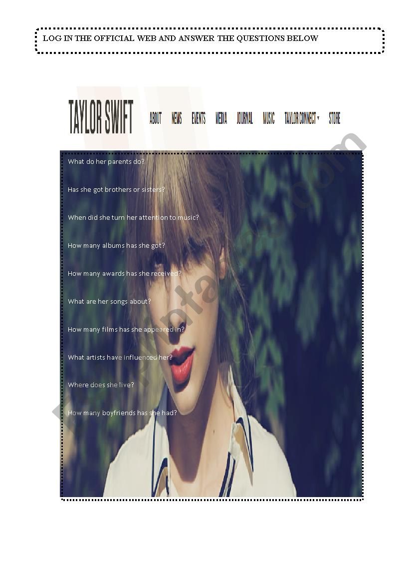 Taylor Swift 2 worksheet