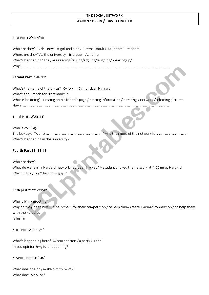 The Social Network worksheet