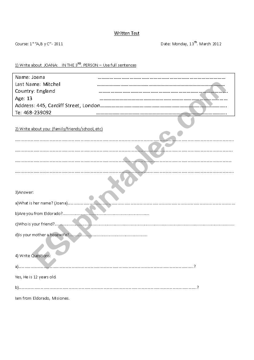 Personal Information worksheet