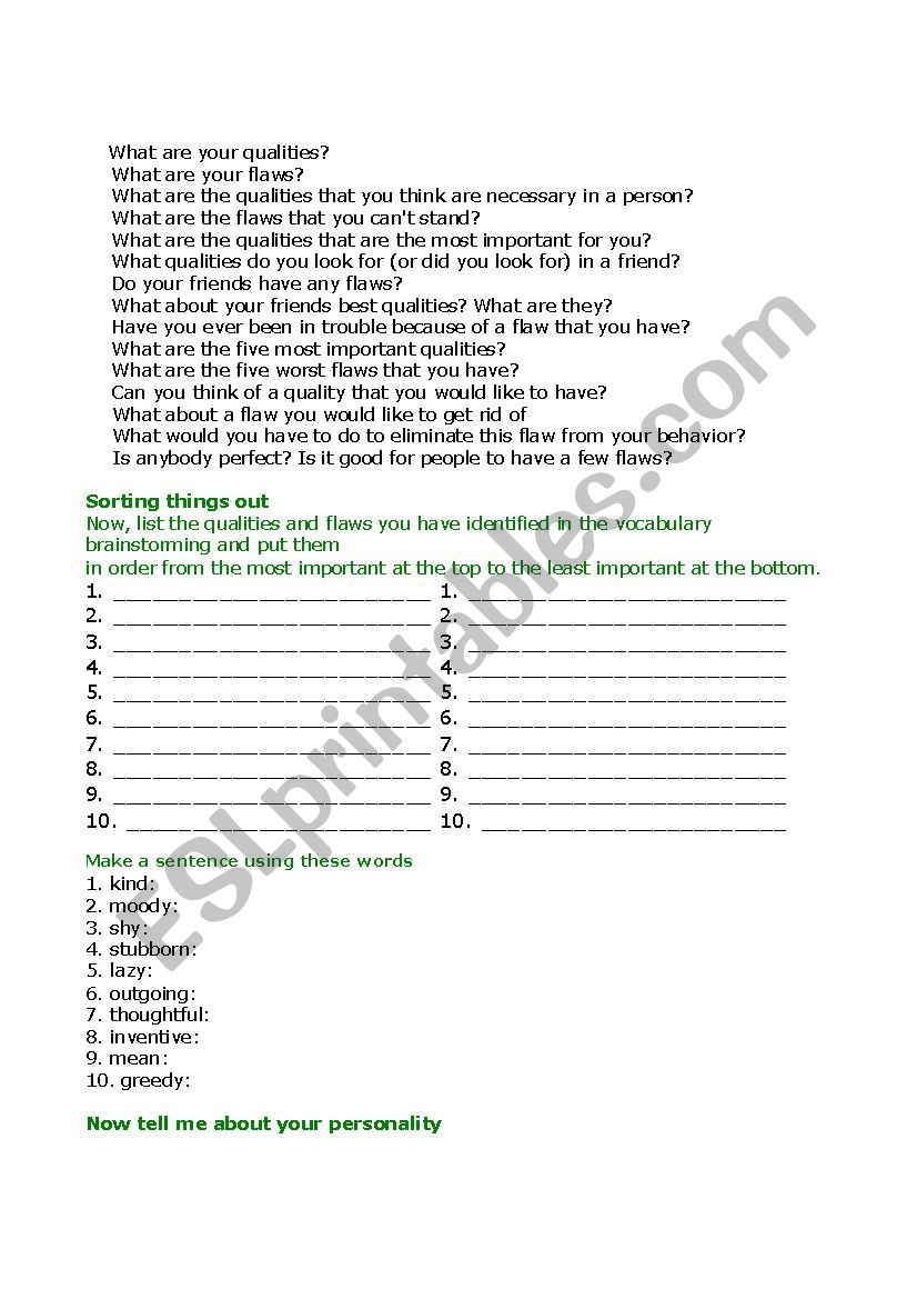 Personality worksheet