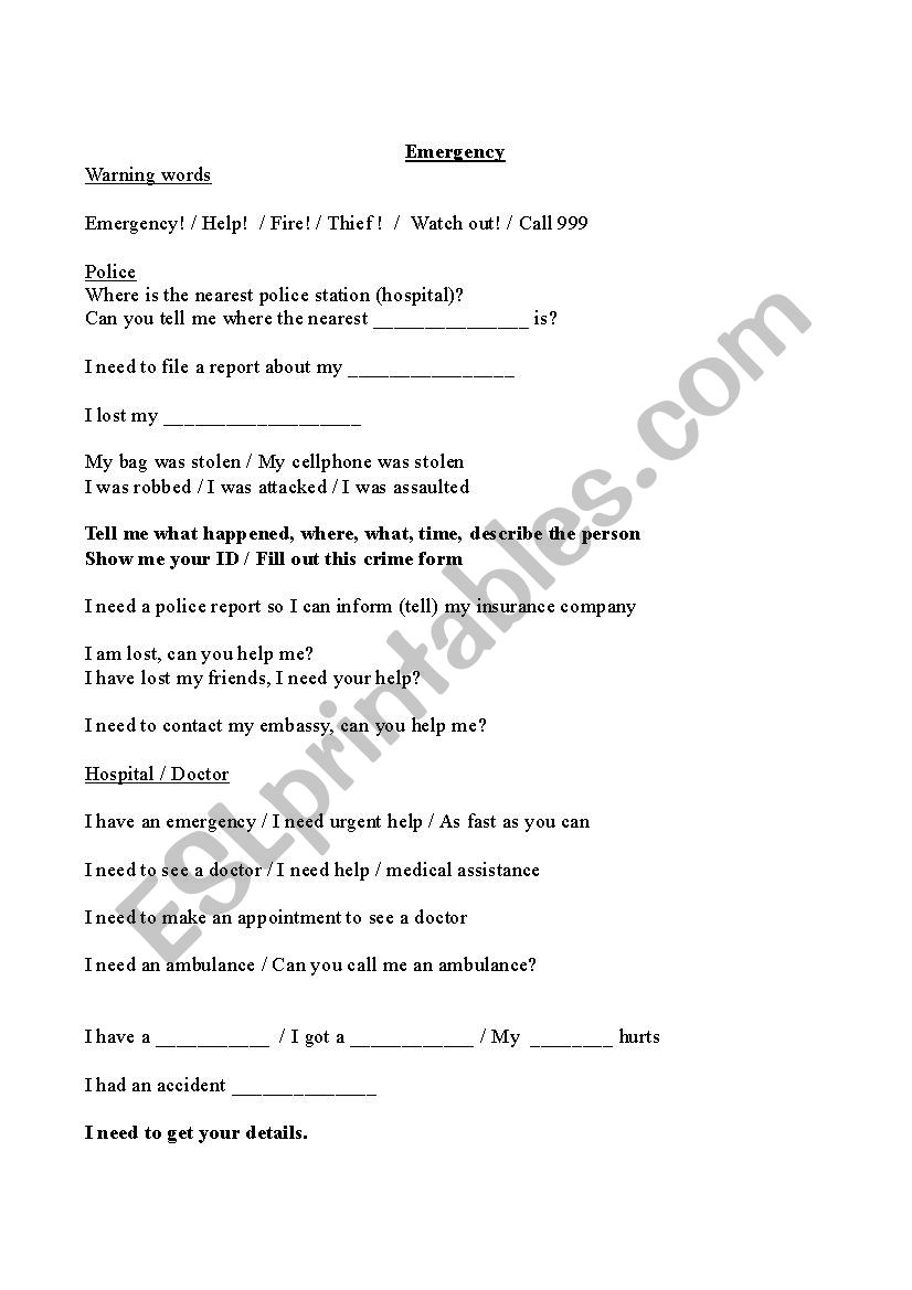 Emergency worksheet