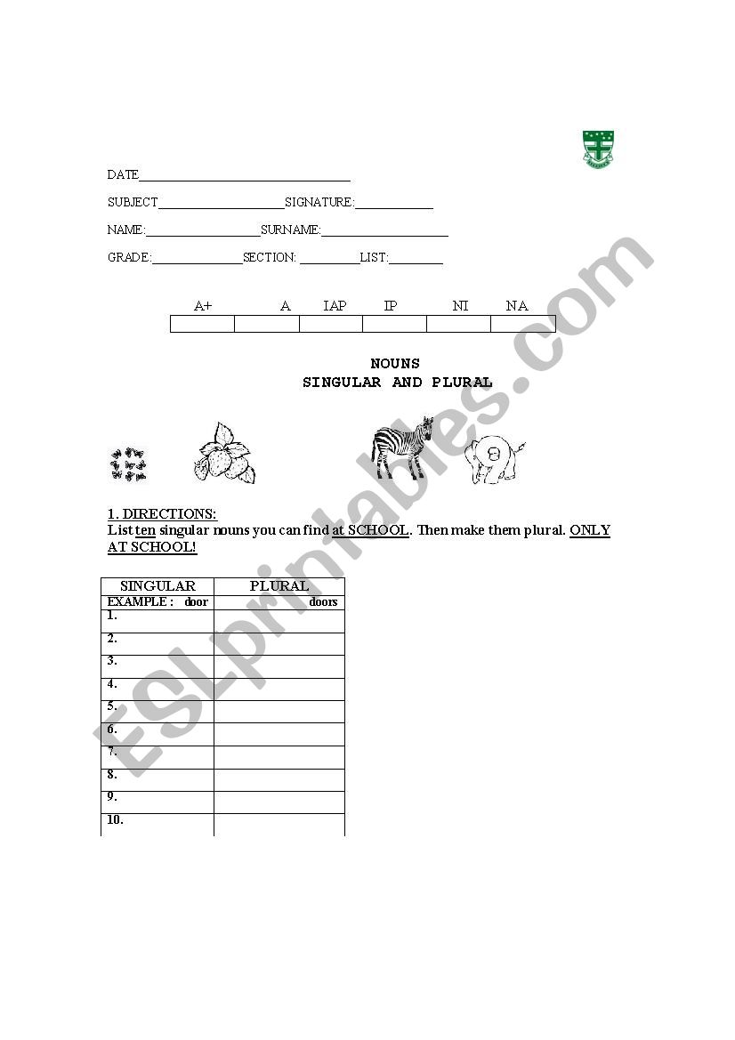 SINGULAR AND PLURAL TEST worksheet