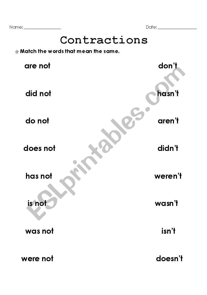 contractions worksheet