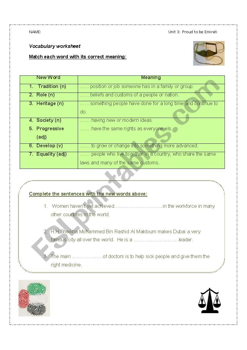 Vocabulary Worksheet- proud to be Emirati