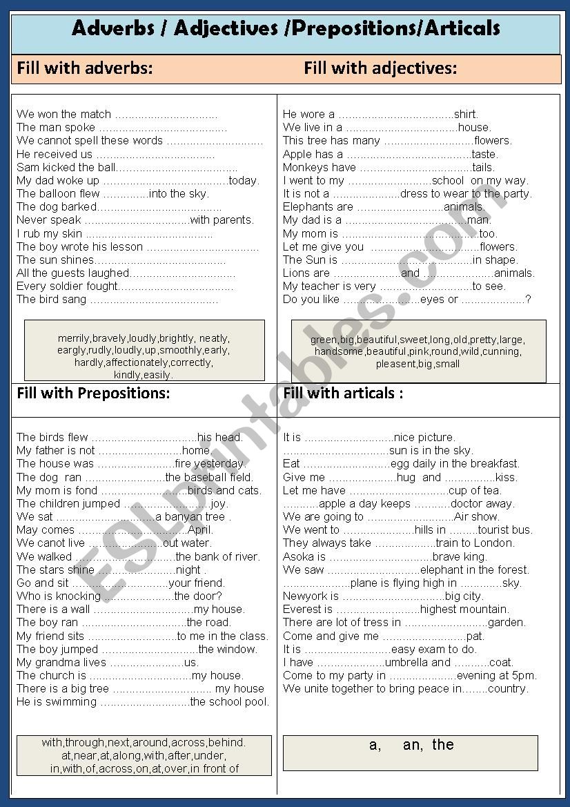 Prepositions /Adverbs/Adjectives/Articals