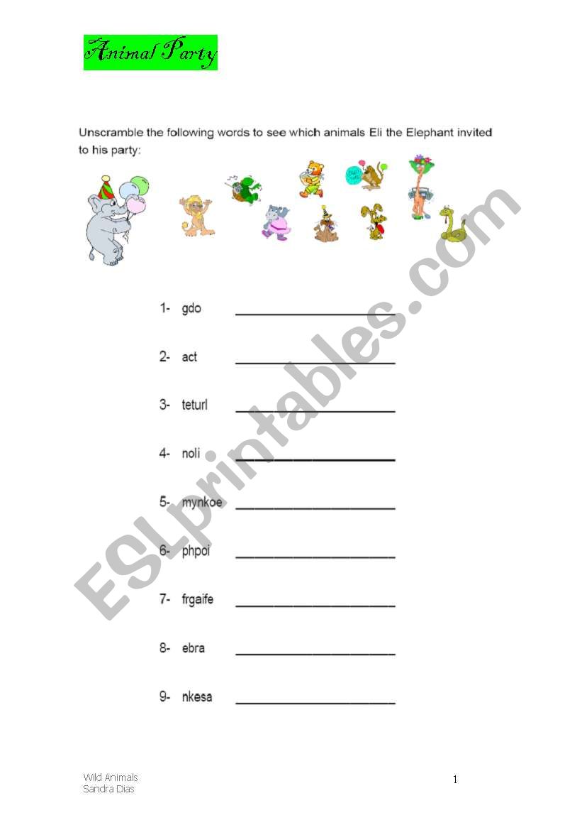 Animal Party worksheet