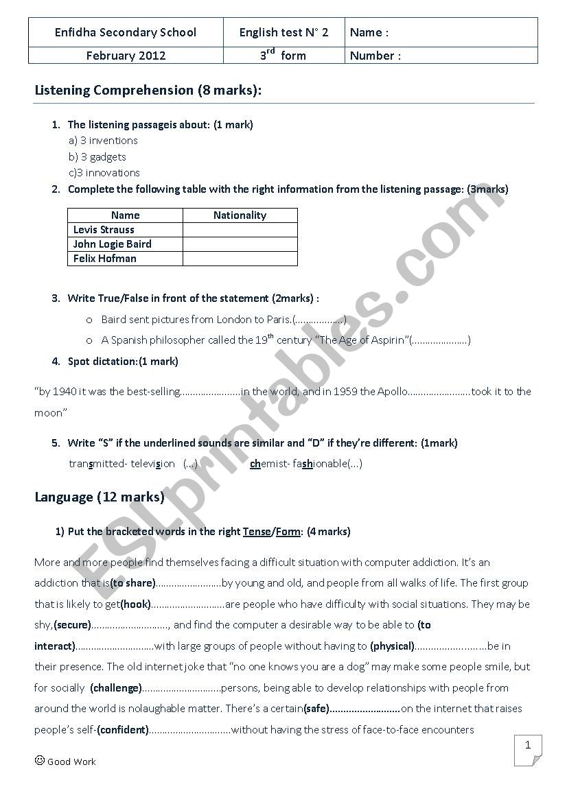 3rd form worksheet