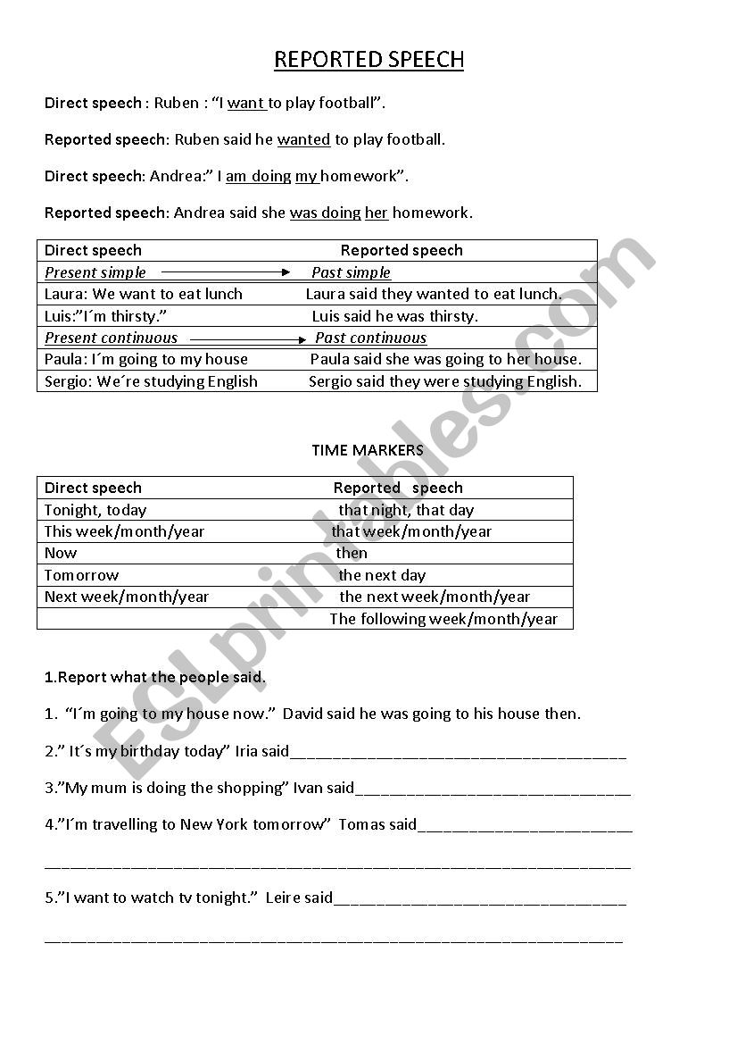 REPORTED SPEECH worksheet