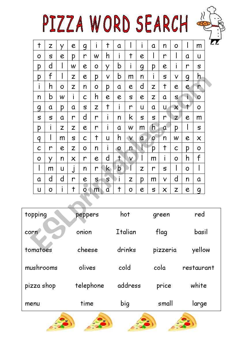 pizza word search worksheet
