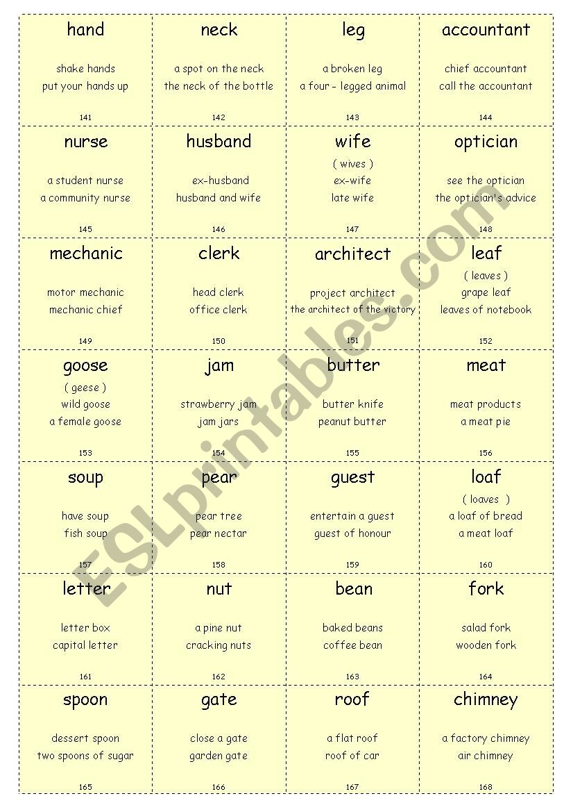 Vocabulary Cards WITH COLLOCATIONS Elementary Set 6 (Nouns 2)