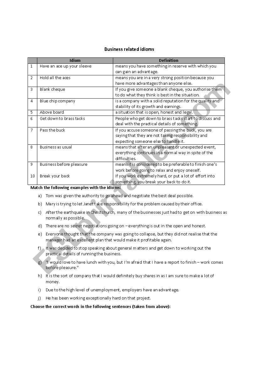 Business related idioms (pass the buck;hold all the aces etc.)