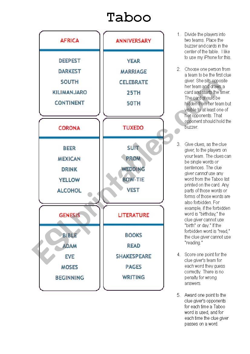 Taboo - The Game worksheet