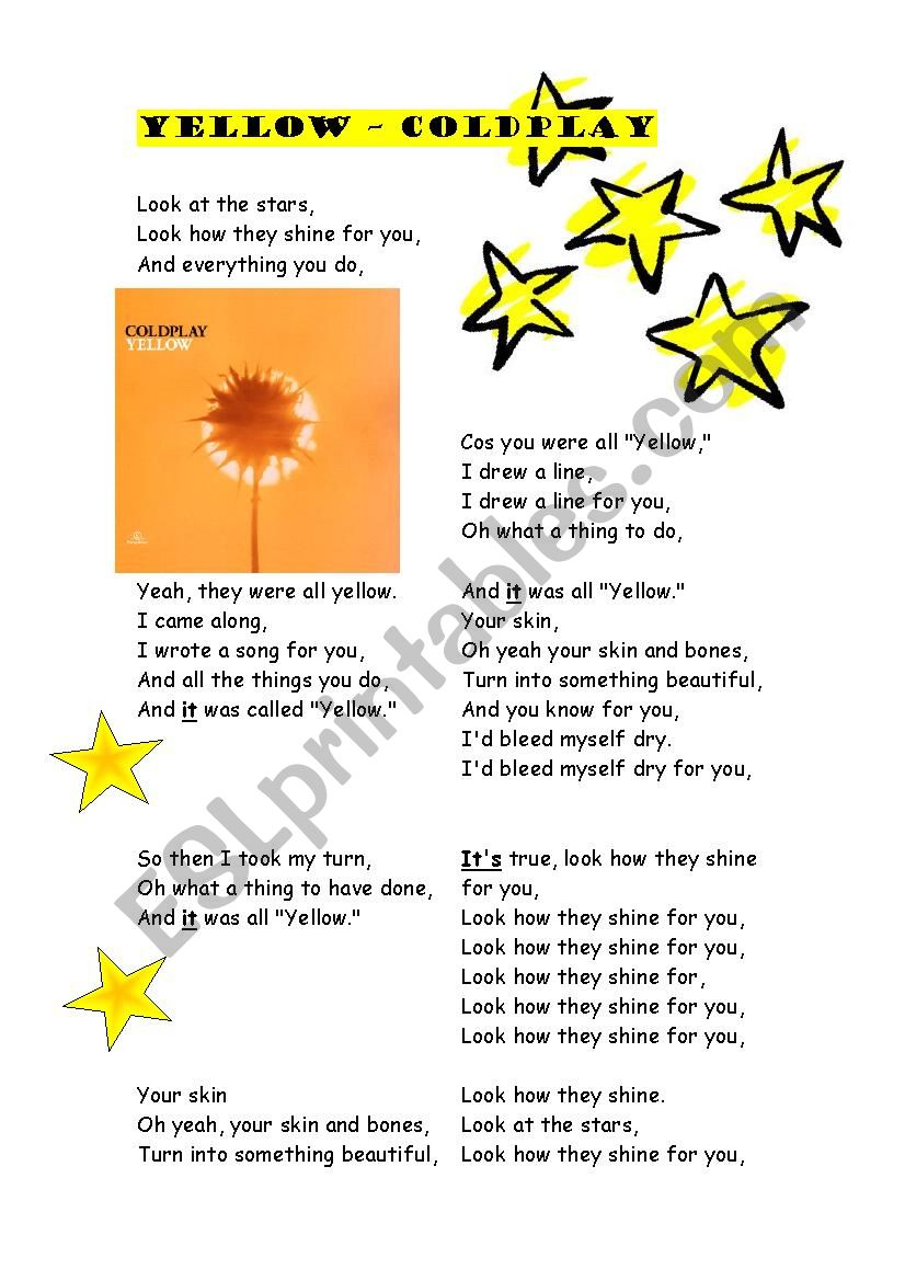 Yellow â€“ Coldplay worksheet