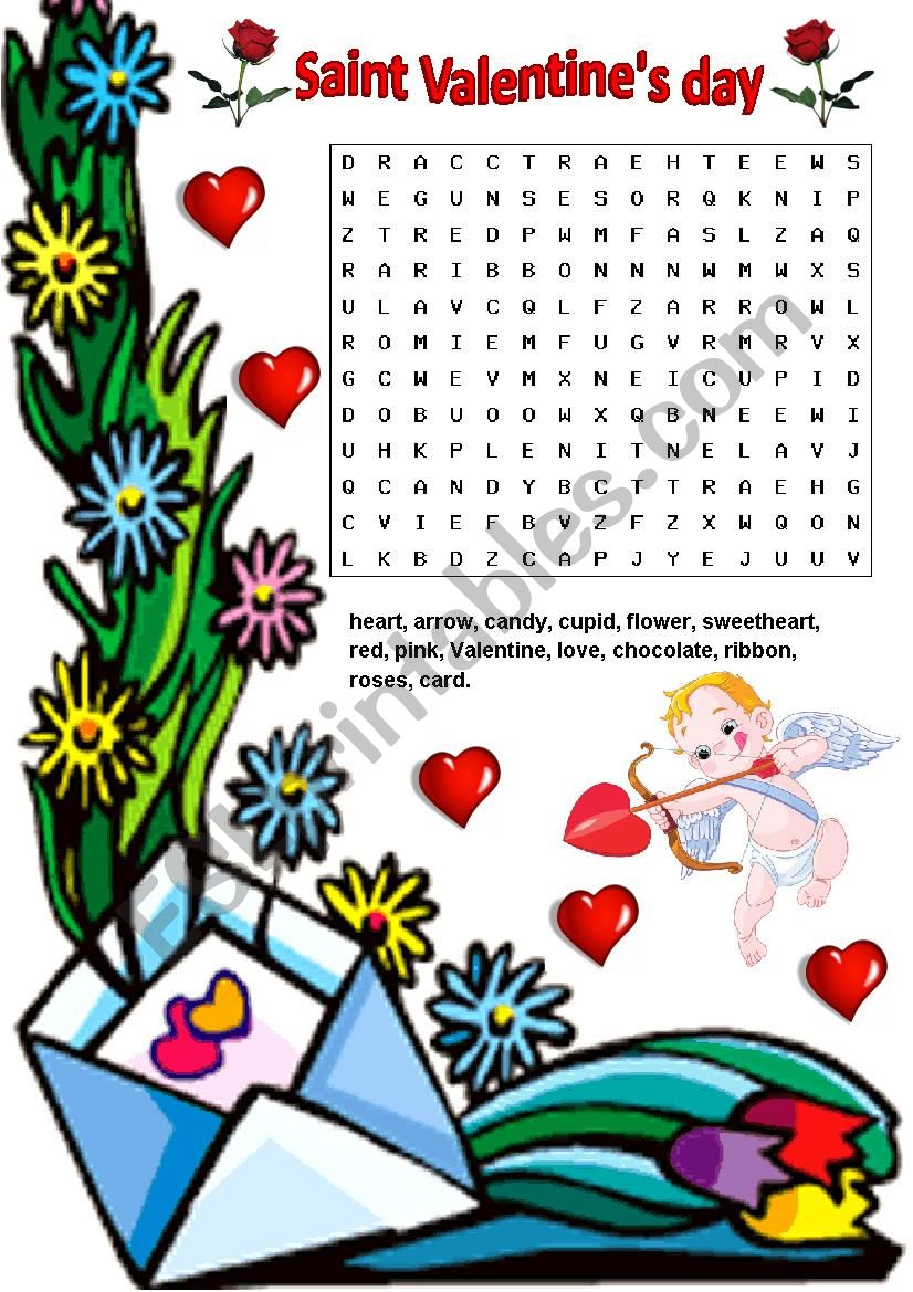 Saint Valentines word-search worksheet