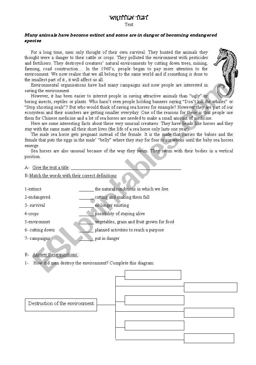 animals in danger- sea horses worksheet