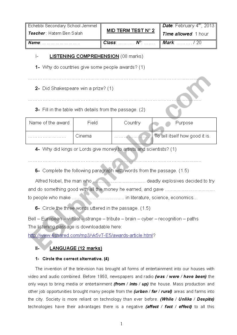 Mid term test 2 for bac students