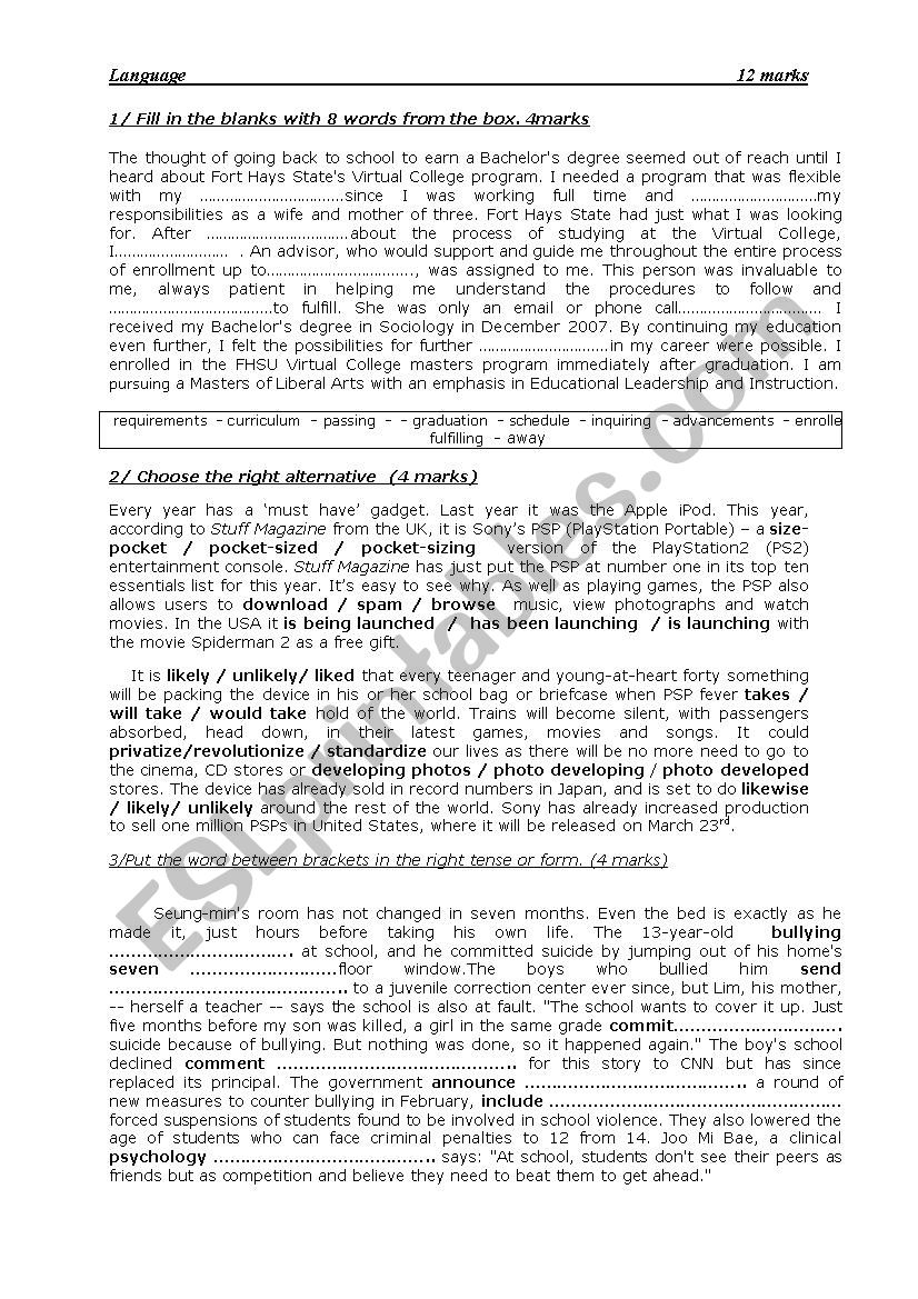 mid-term test 2 4th formers worksheet