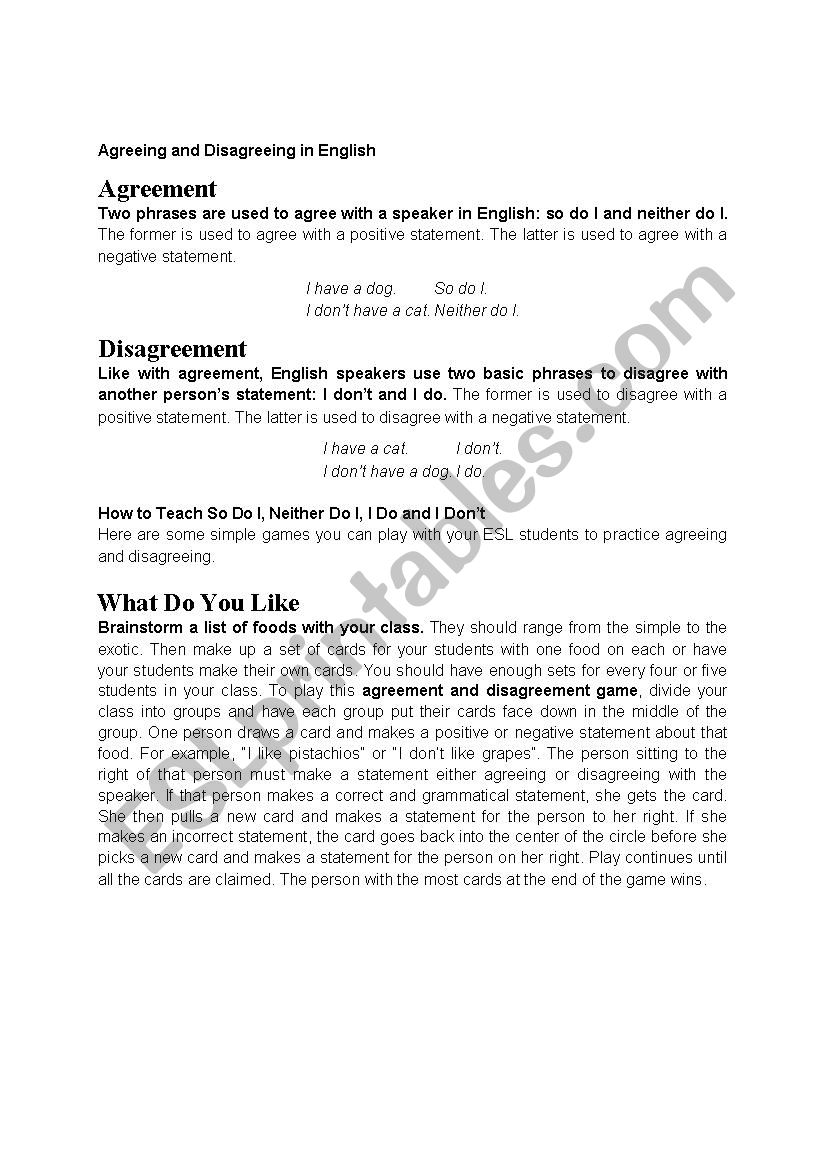 Agreeing, disagreeing worksheet