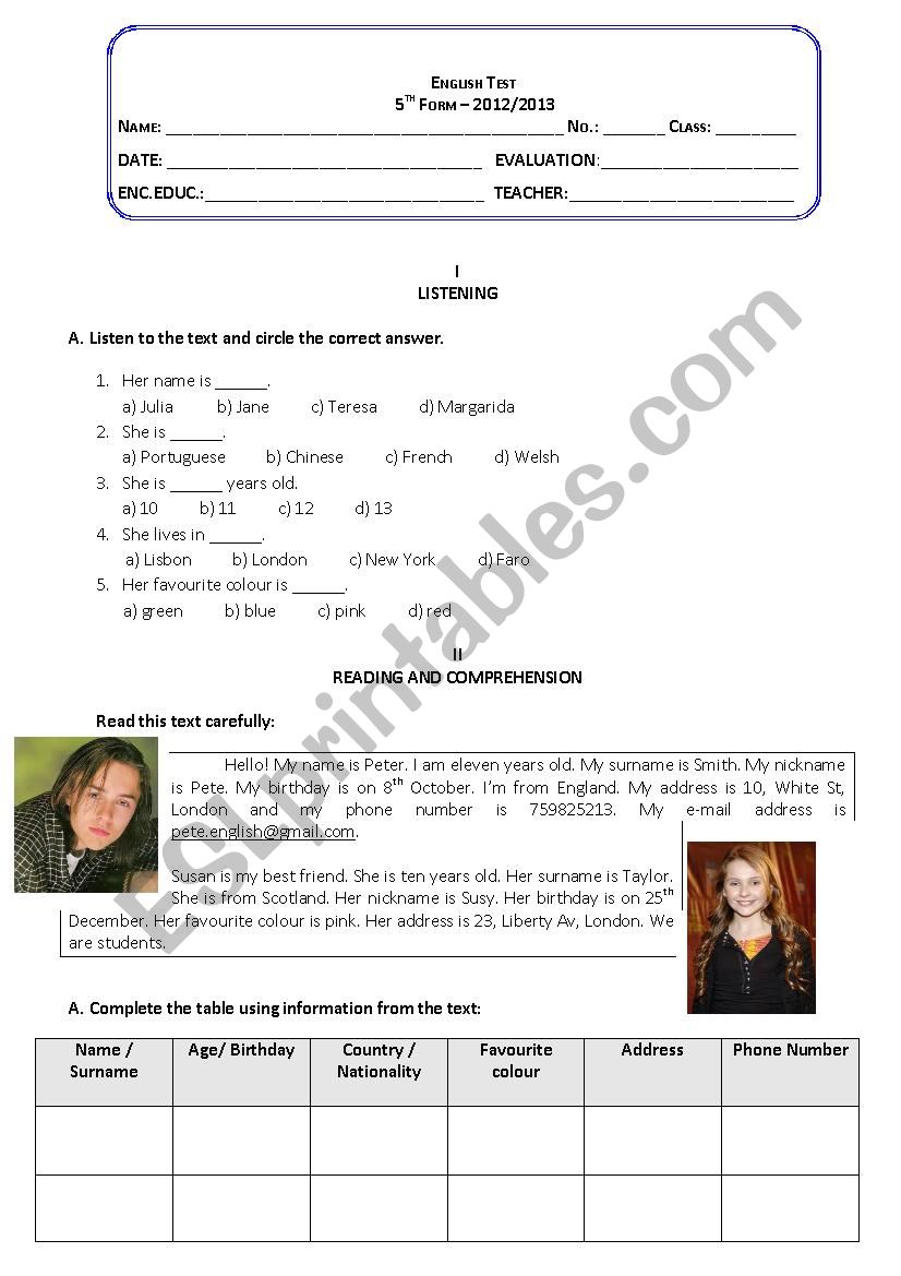 Test on Personal information worksheet