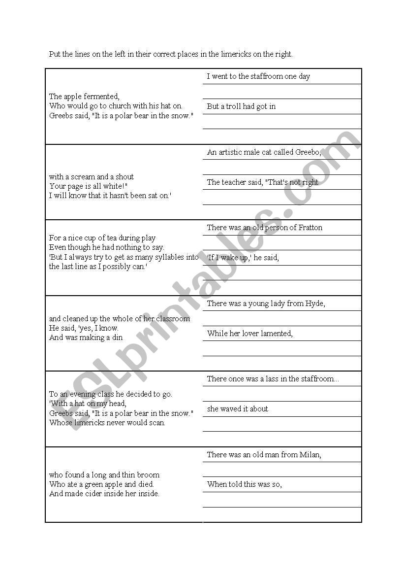 Limericks Jigsaw worksheet