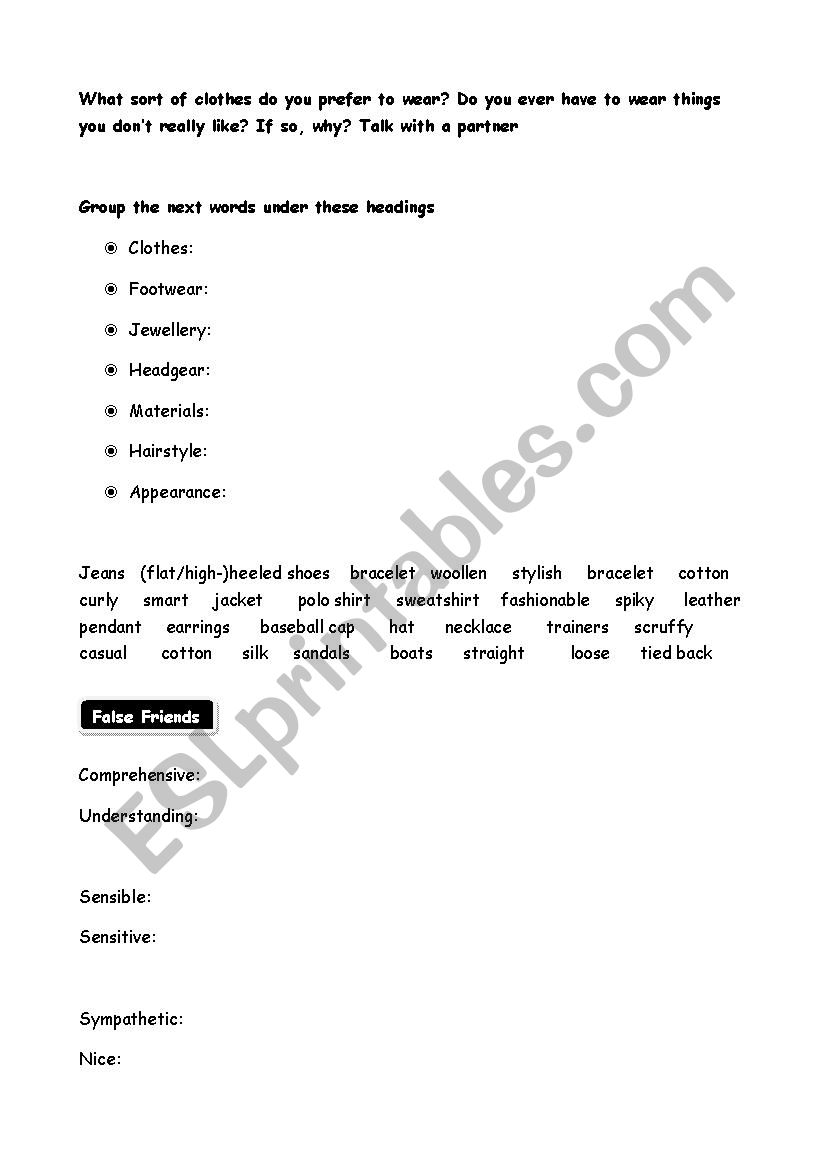 Clothing worksheet