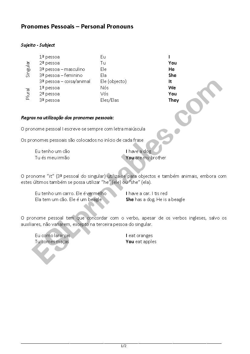 Personal Pronouns worksheet