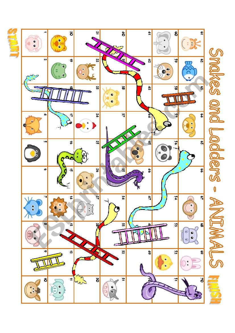 SNAKES AND LADDERS - ANIMALS worksheet SNAKES AND LADDERS - ANIMALS worksheet