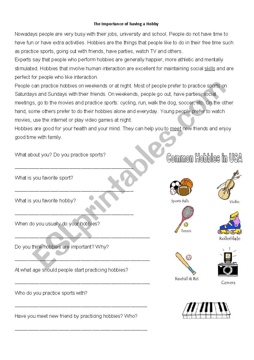 importance of having a hobby worksheet