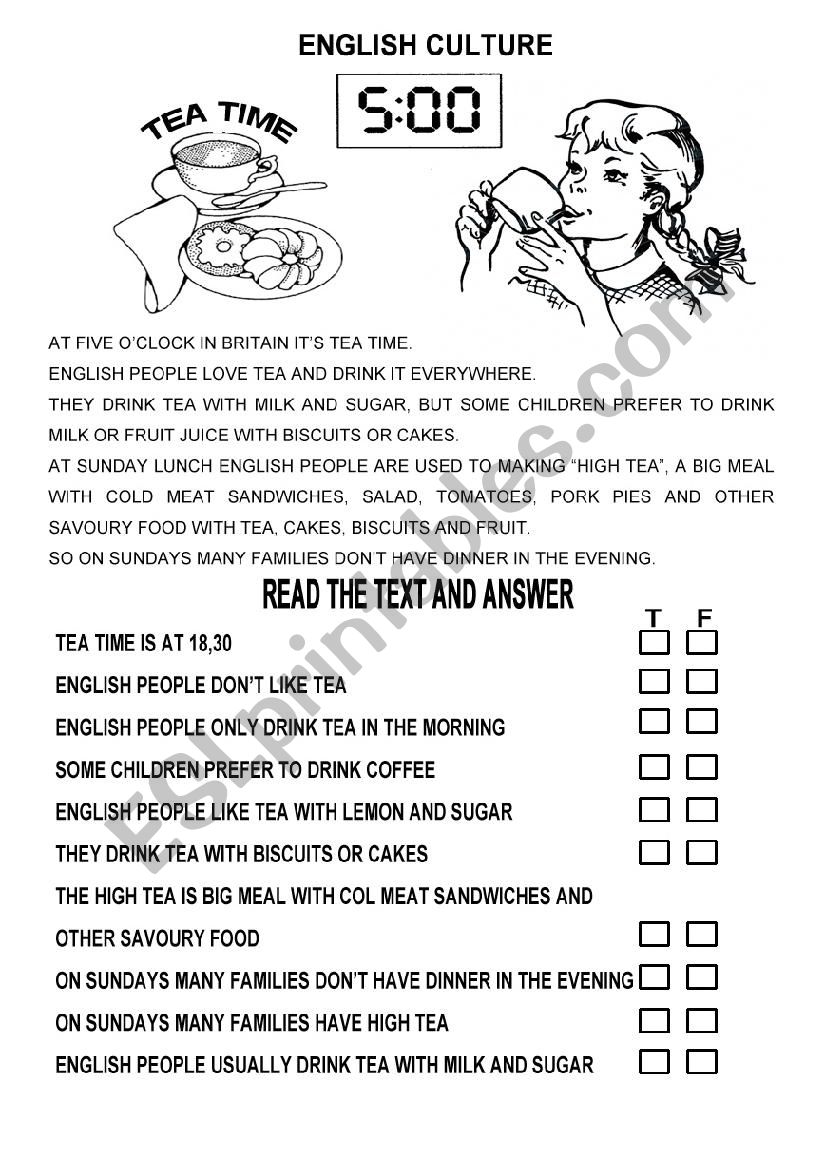 High tea worksheet