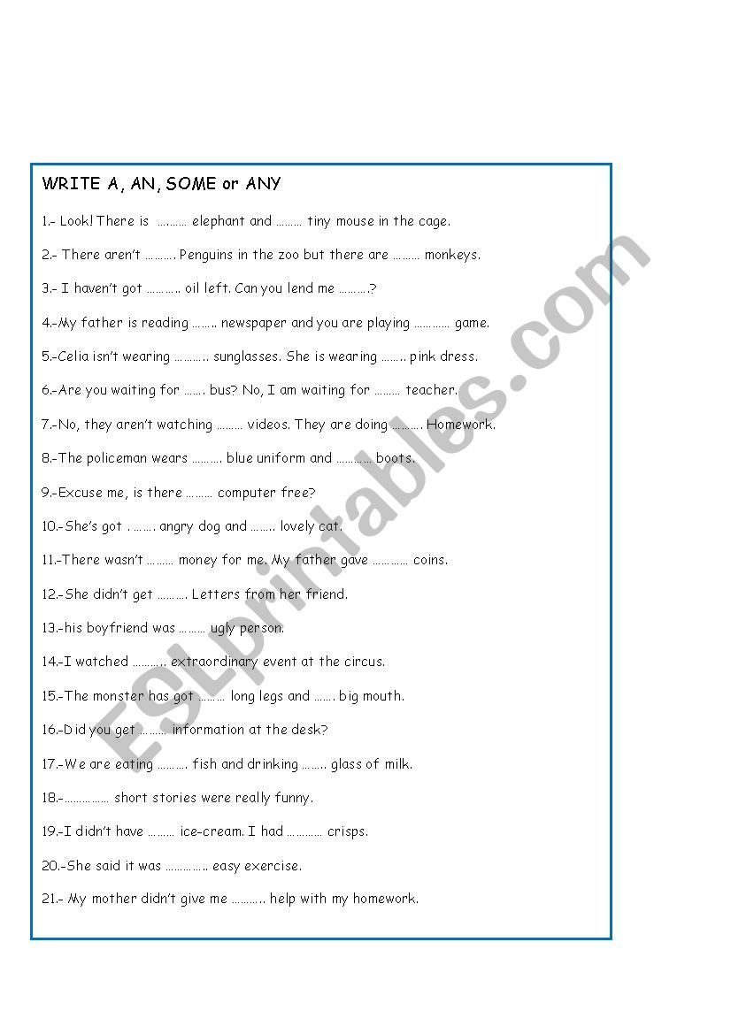 A / AN / SOME / ANY worksheet