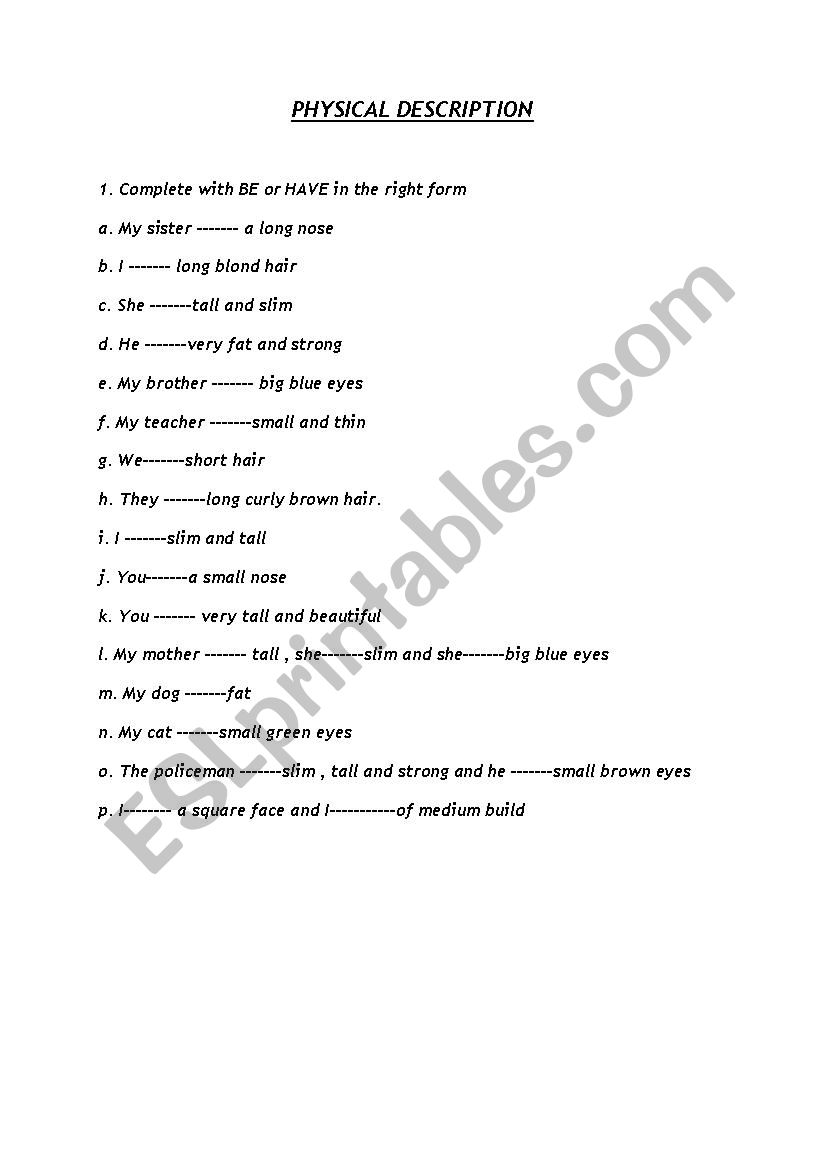 Physical description worksheet