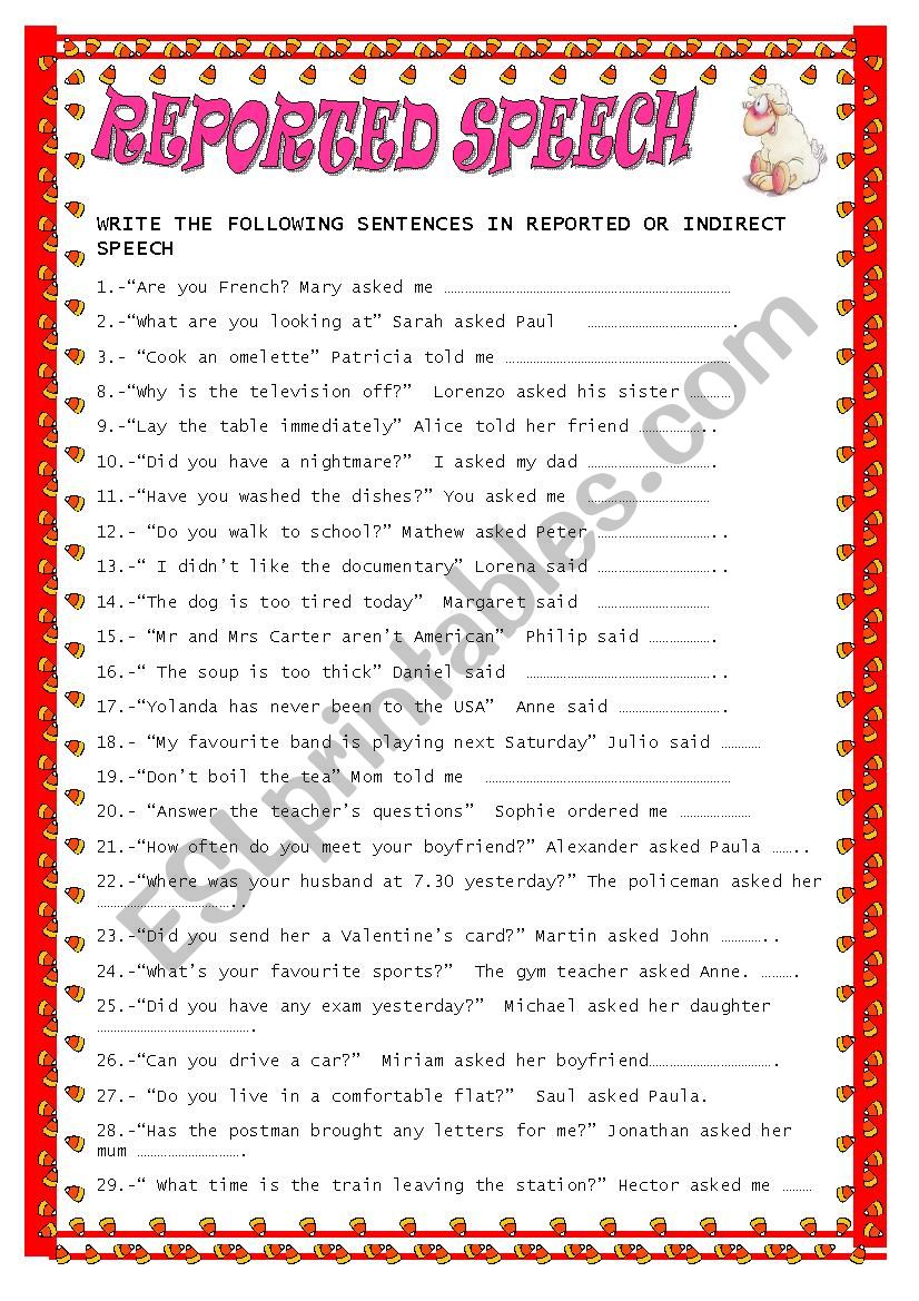 REPORTED SPEECH worksheet