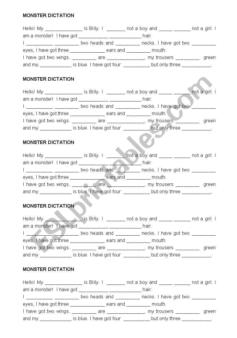 MOSTER DICTATION worksheet