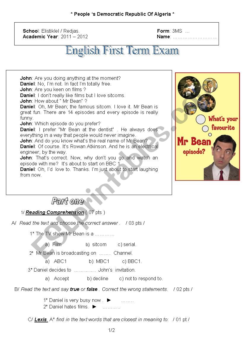 Mr Bean exam worksheet