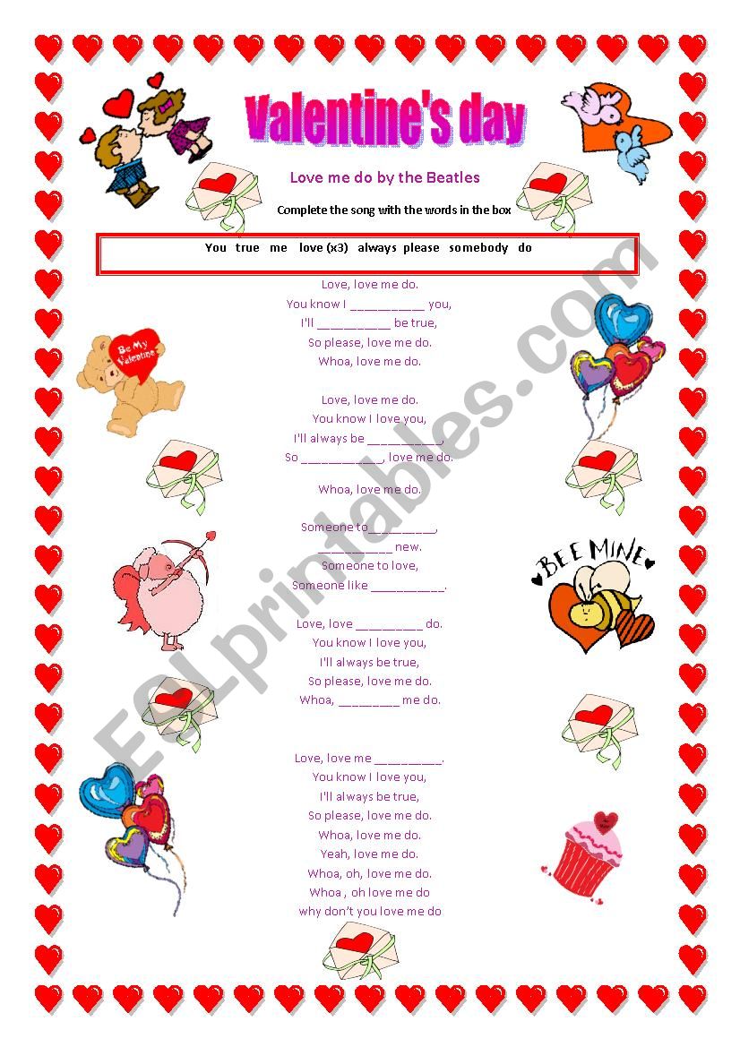 Love me do- Valentines song worksheet