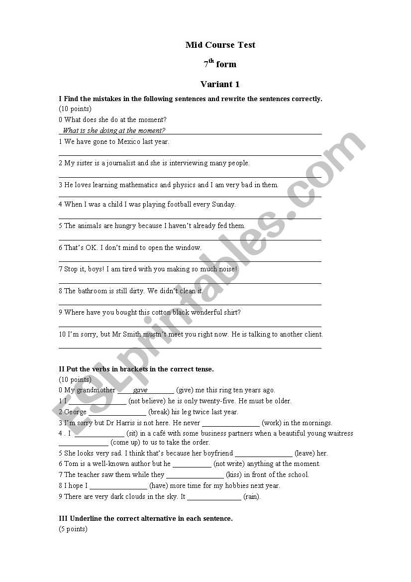 Mid course test I term 7th form - Variant 1