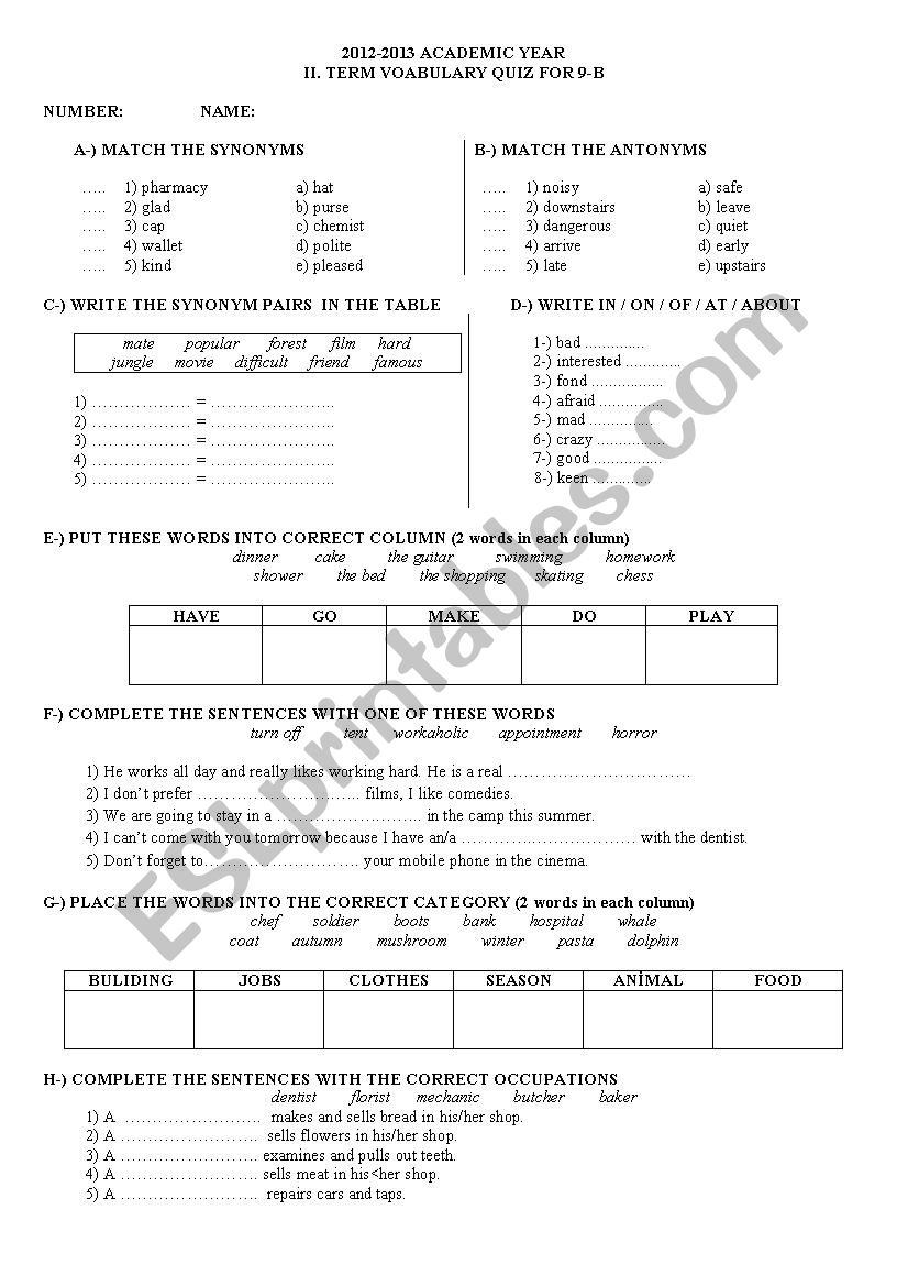 A1.1 Level Vocabulary Quiz worksheet