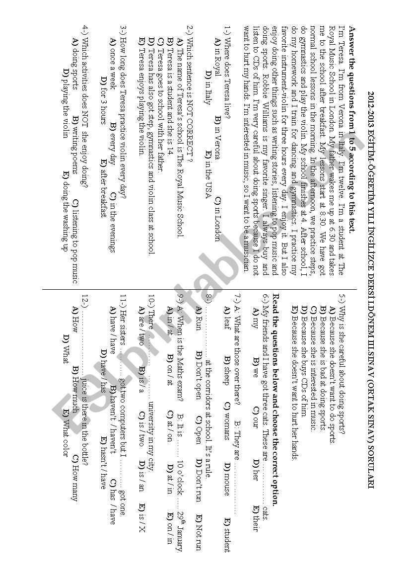 A written exam for A1.1 worksheet