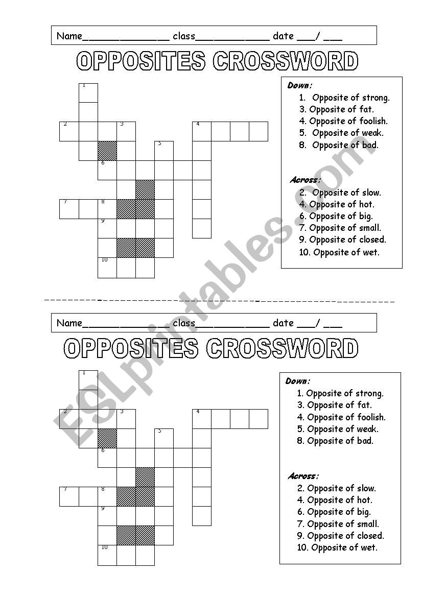 opposites crossword worksheet