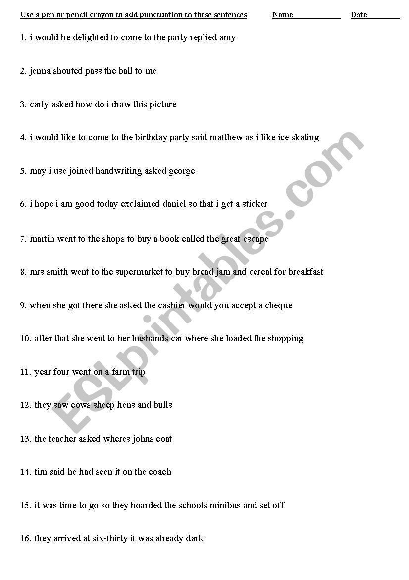 Sentences to punctuate worksheet