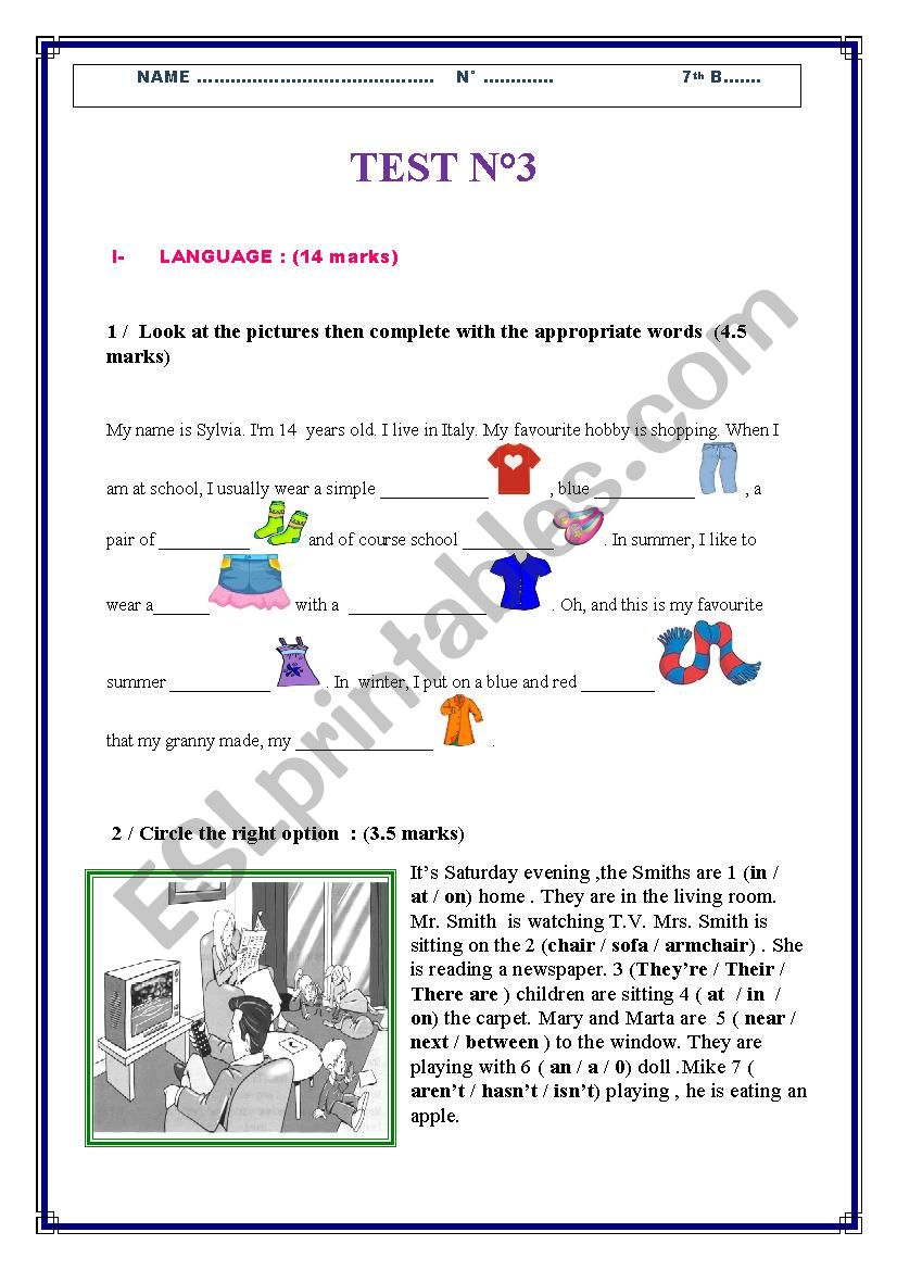 MID TERM TEST N2 / 7 th form worksheet