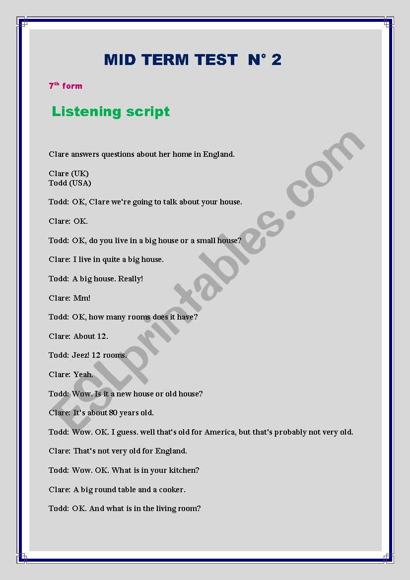 MID TERM  TEST N2 (7 th form) / THE LISTENING SCRIPT