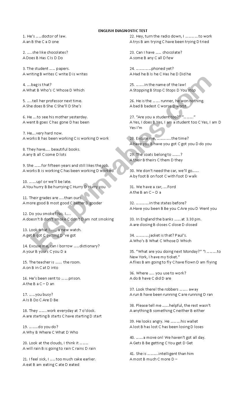 english diagnostic test worksheet